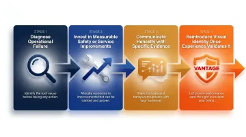Four-stage transport brand crisis recovery sequence from diagnosis to visual identity relaunch