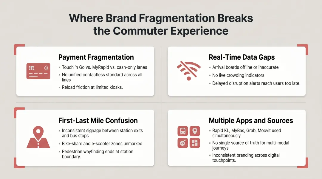 KL public transport brand fragmentation pain points across four commuter touchpoint categories