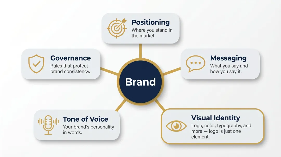 Five components of a complete brand system beyond logo design infographic