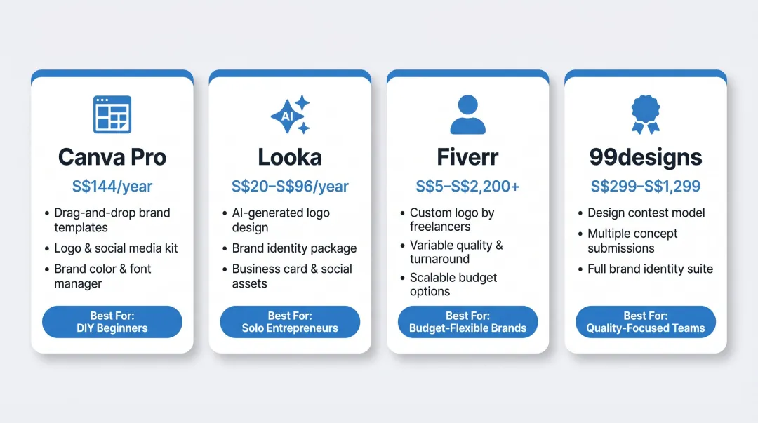 DIY branding platform cost comparison chart Canva Looka Fiverr 99designs
