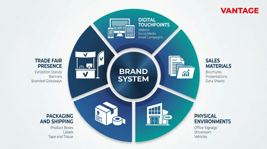Complete B2B manufacturing brand system five touchpoint categories breakdown infographic