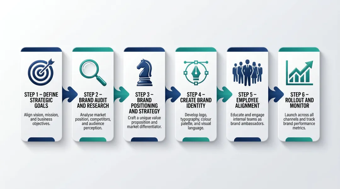 Six-step corporate rebranding process flow from strategy to rollout