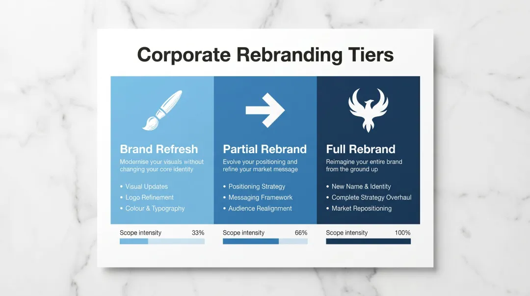 Three levels of corporate rebranding from refresh to full transformation comparison