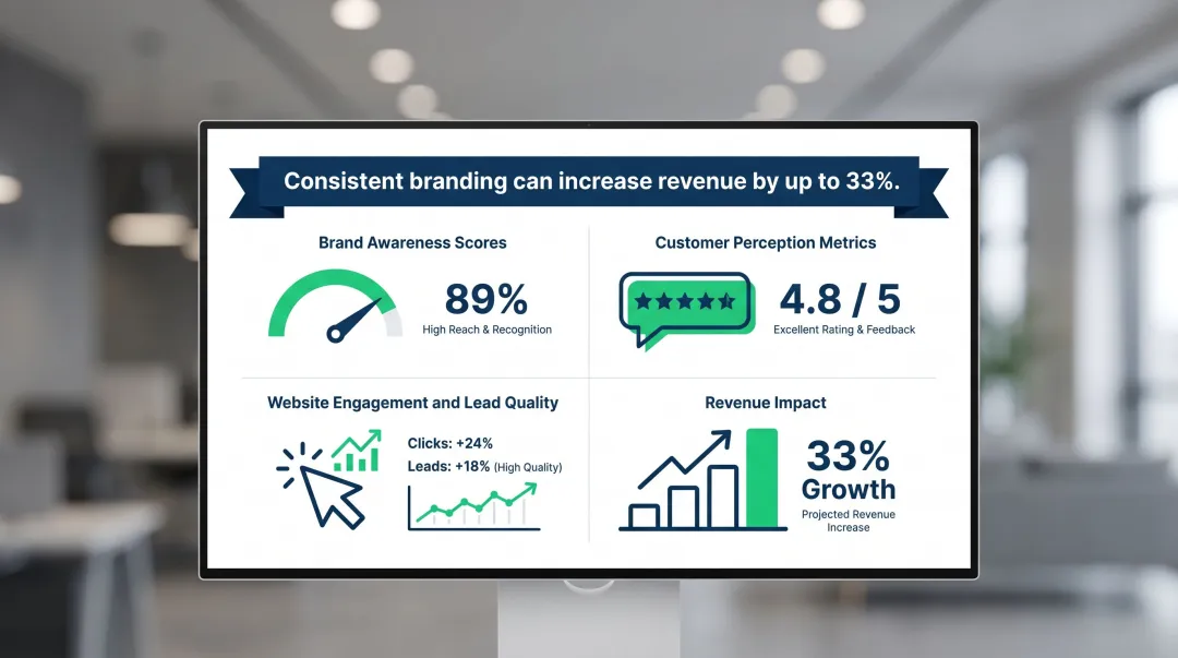 Corporate rebrand KPI tracking dashboard showing brand awareness and revenue metrics