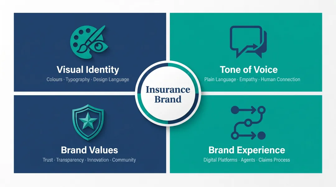 Four key components of an insurance brand identity framework infographic