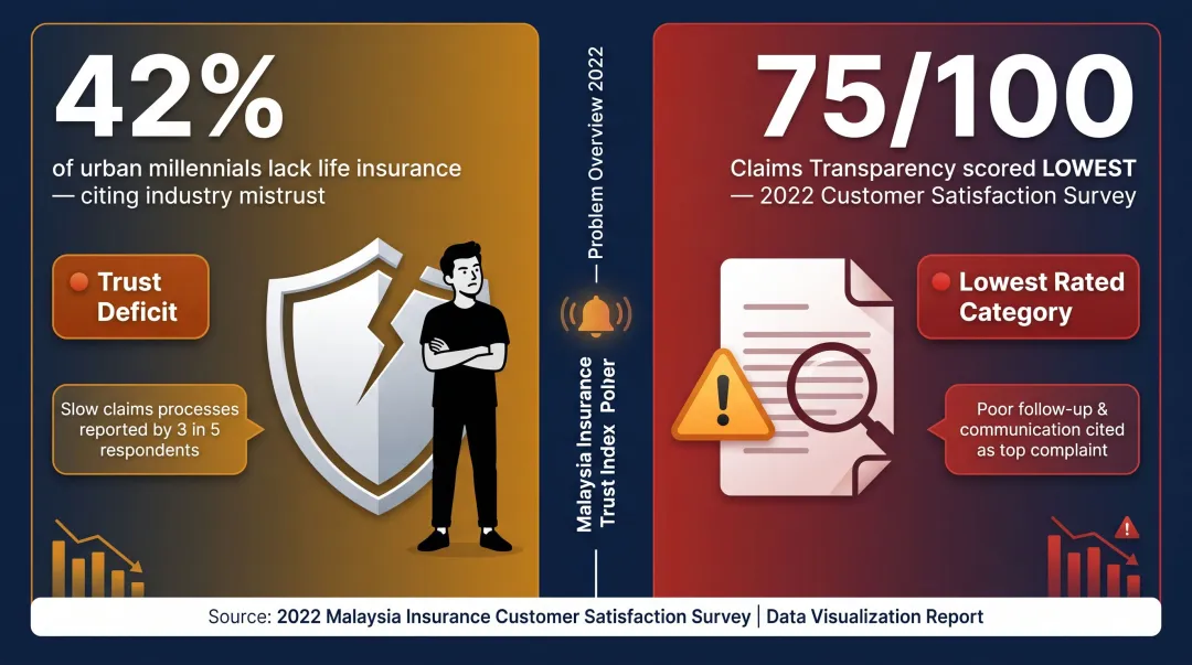 Malaysian insurance trust gap statistics showing millennial distrust and claims satisfaction scores