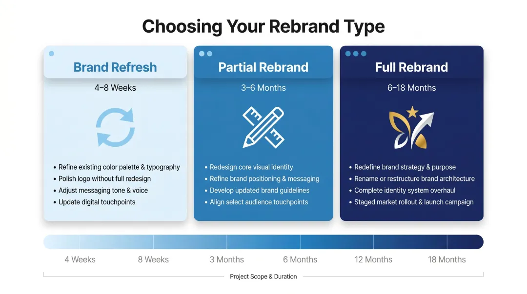 Three rebrand types comparison chart showing timelines and scope of change