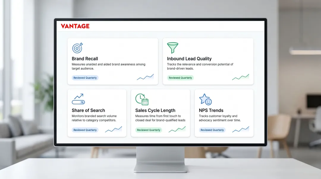 Brand health measurement KPI dashboard five metrics tracking audit outcomes over 12 months