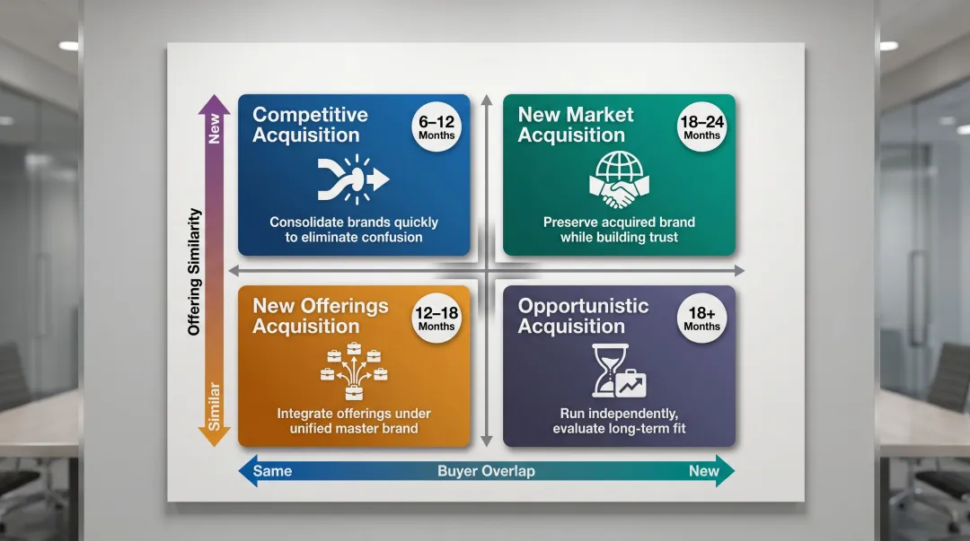 Four M&A brand integration scenarios matrix mapped by buyer overlap and offering similarity