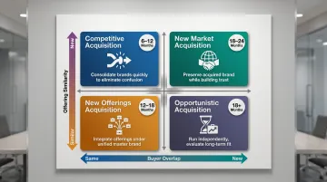 Four M&amp;A brand integration scenarios matrix mapped by buyer overlap and offering similarity