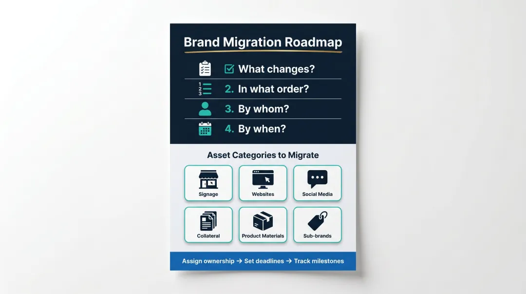 M&A brand migration roadmap six-step governance checklist with asset types and ownership
