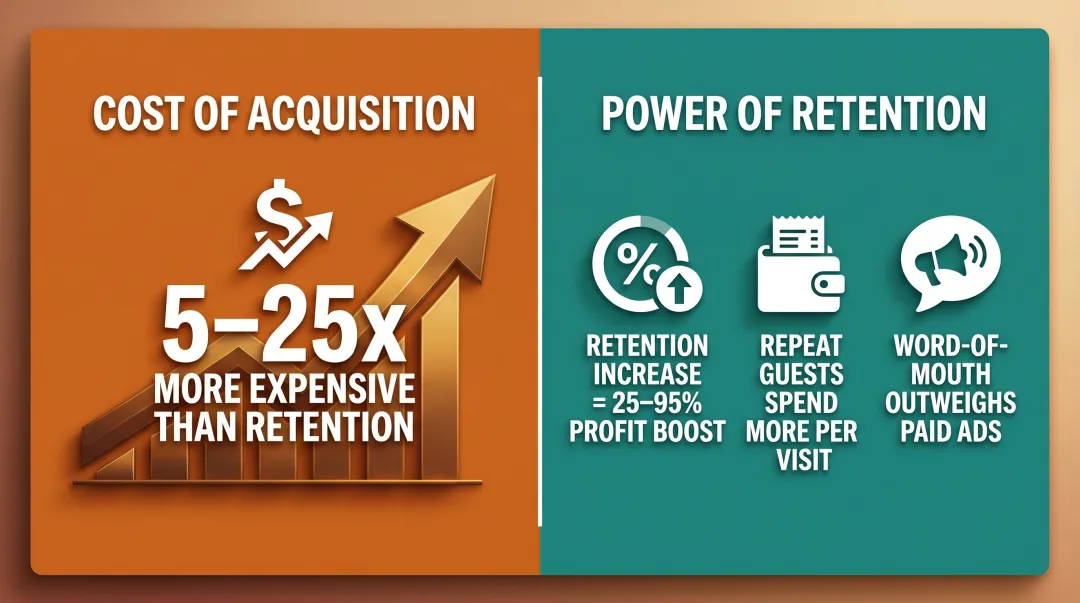 Guest retention economics showing 5% retention increase boosting profits by 25-95%