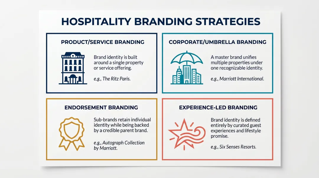 Four hospitality branding strategy types comparison product corporate endorsement experience-led