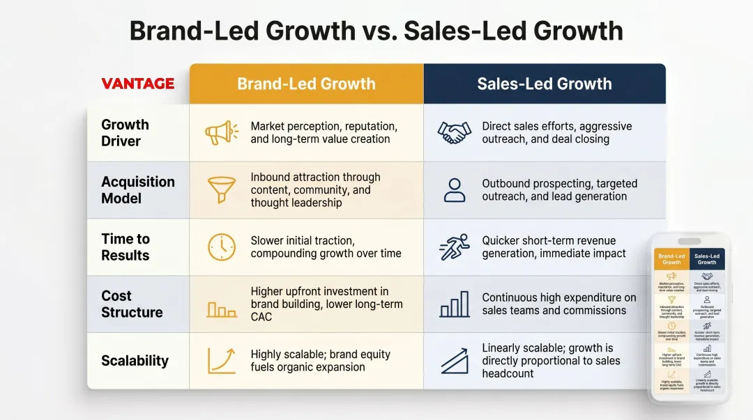 Brand-led growth versus sales-led growth five-dimension comparison infographic