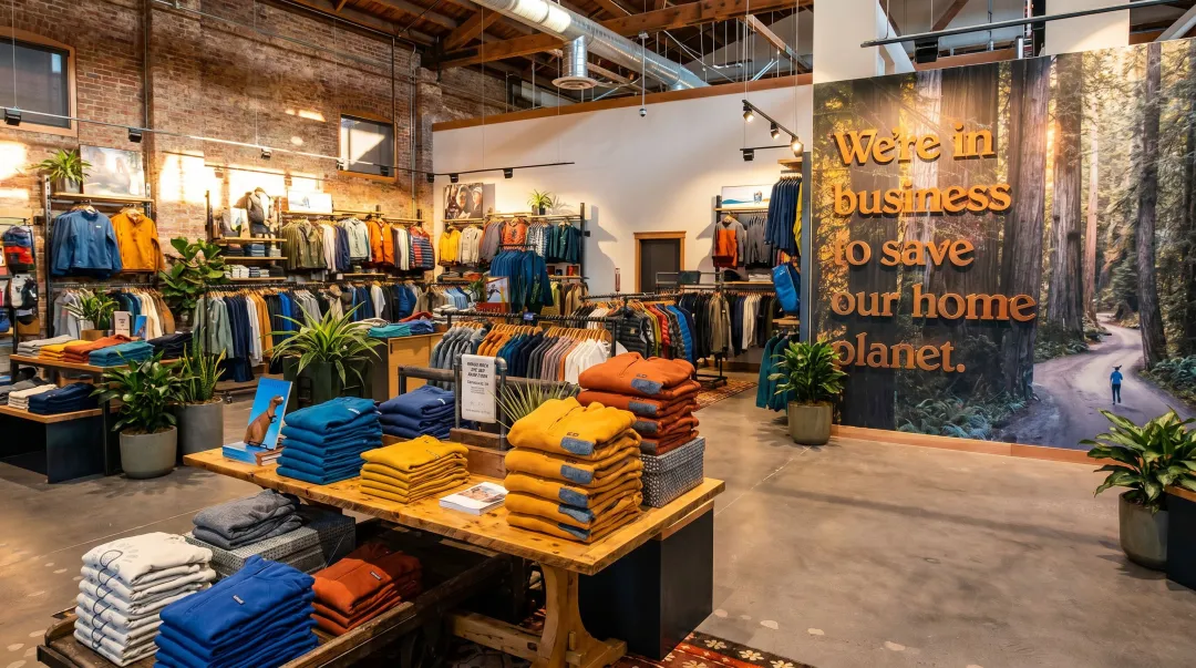 Patagonia retail store display showcasing brand values and sustainable outdoor apparel