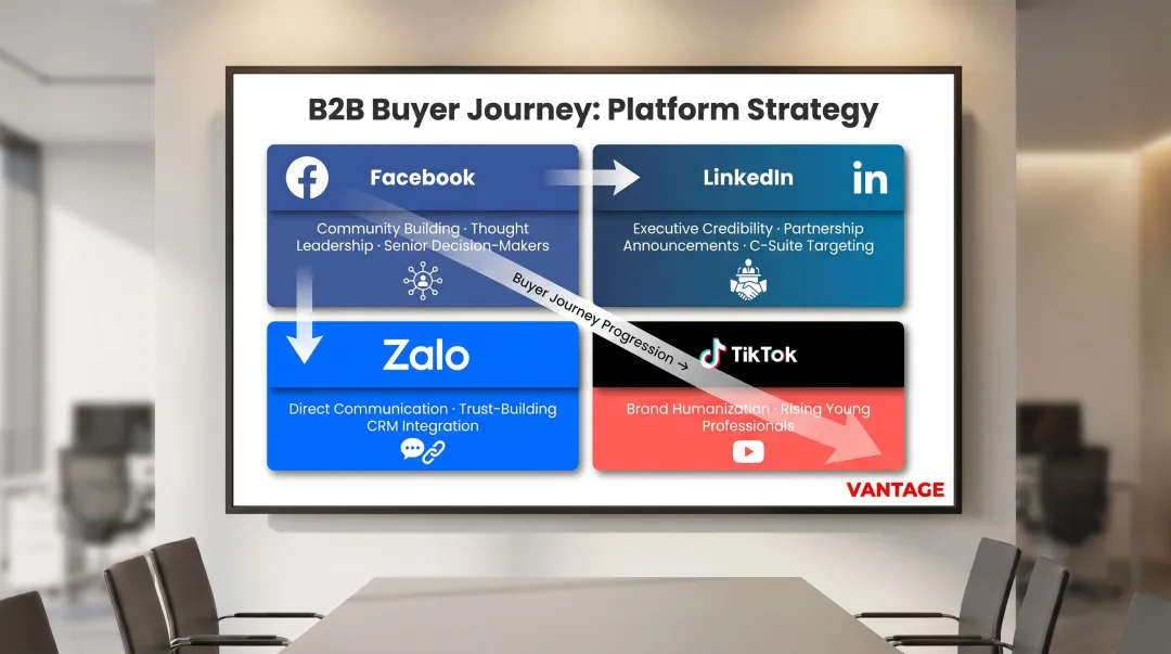 Four-platform B2B brand strategy framework Facebook LinkedIn Zalo TikTok roles