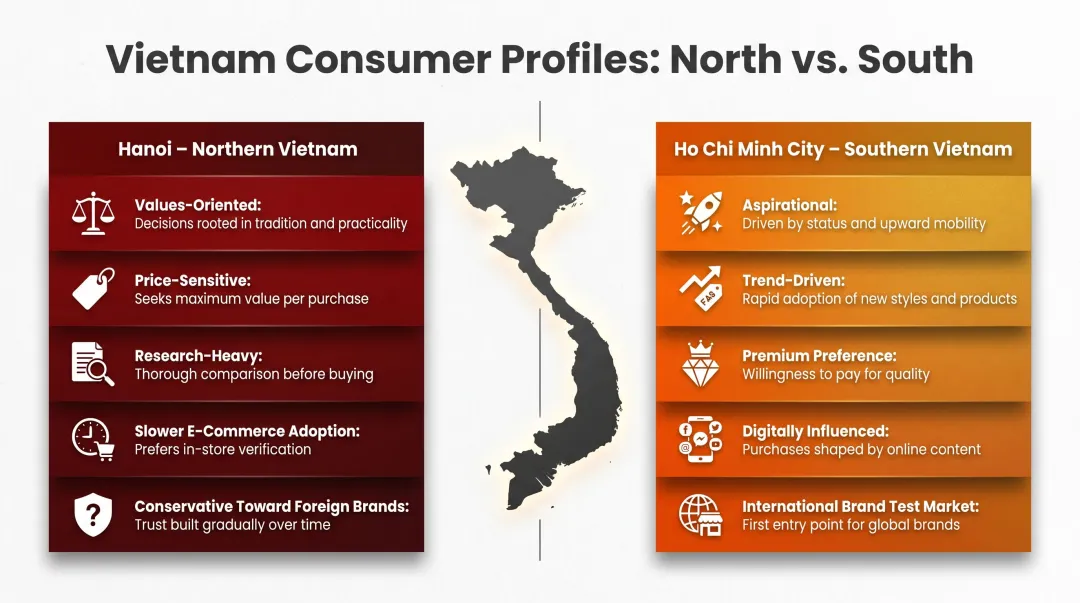 North versus South Vietnam consumer mindset comparison infographic for brand strategy