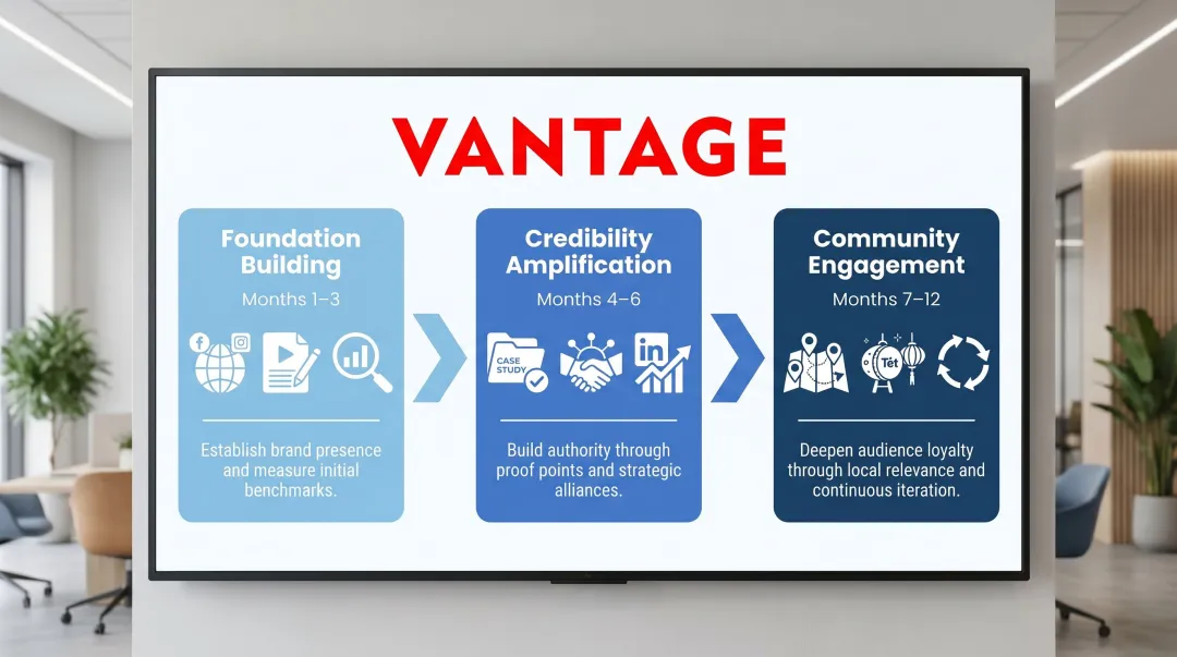 Three-phase Vietnam market entry brand awareness campaign timeline month by month