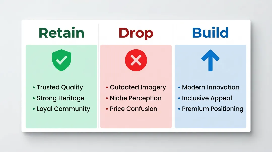 Brand repositioning keep drop build strategic framework three-column diagram
