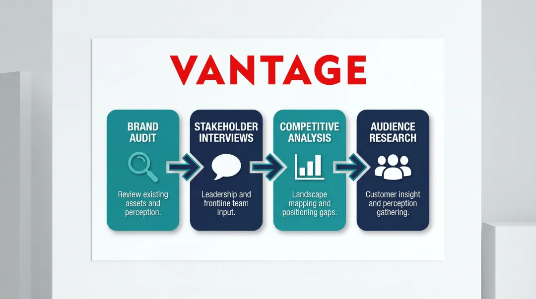 Four-step rebranding agency discovery process from audit to audience research