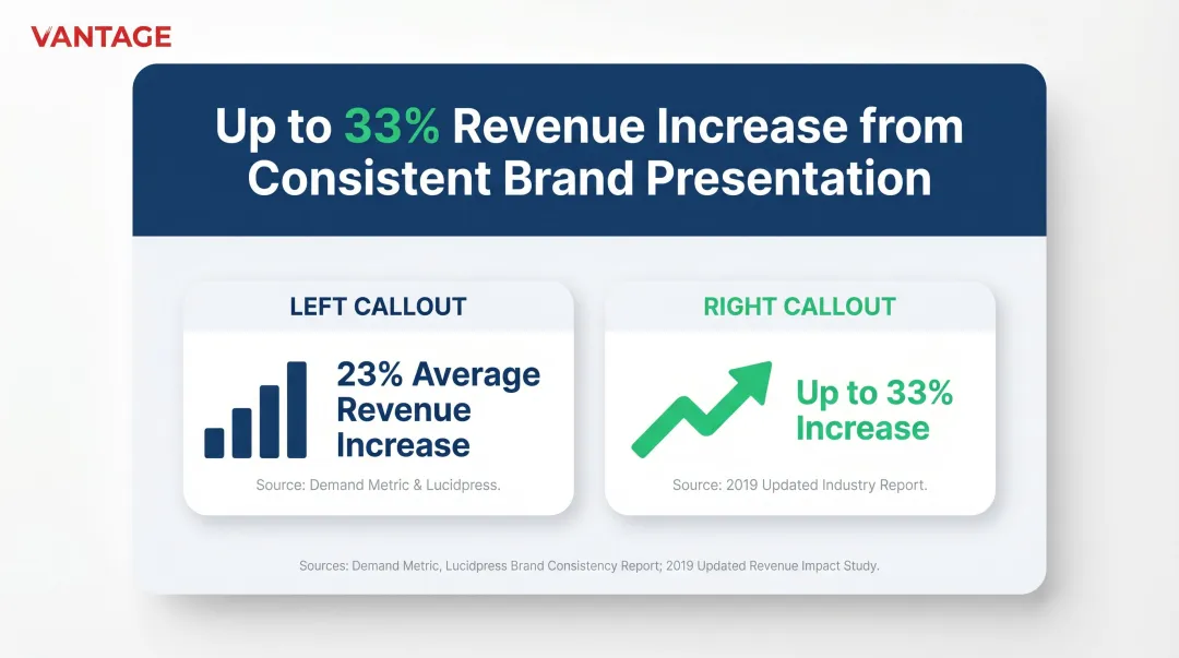 brand consistency revenue impact statistics showing 23 to 33 percent increase infographic
