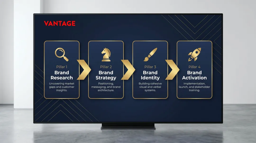 Four core brand strategy service pillars from research to activation infographic