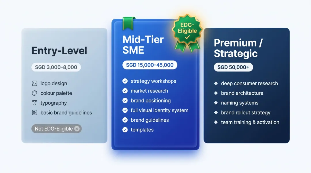Three-tier Singapore branding cost comparison from entry-level to premium