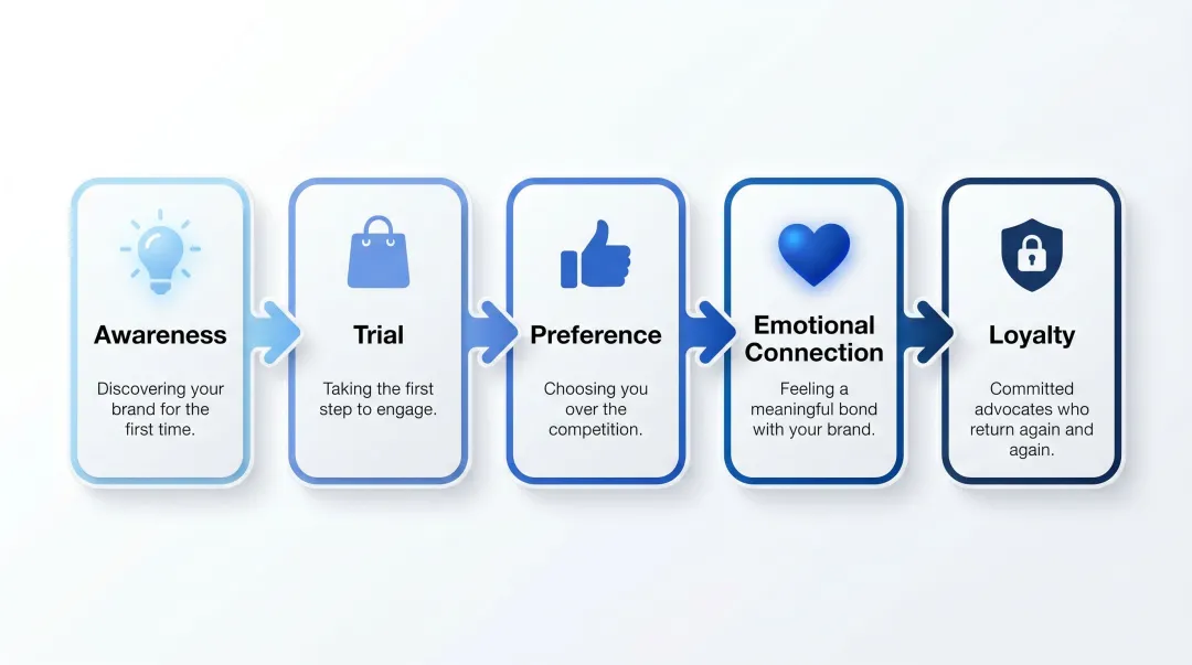 Five-stage brand preference to loyalty customer progression pathway infographic