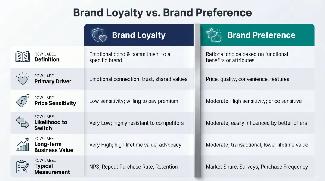 Brand loyalty versus brand preference six-dimension comparison infographic