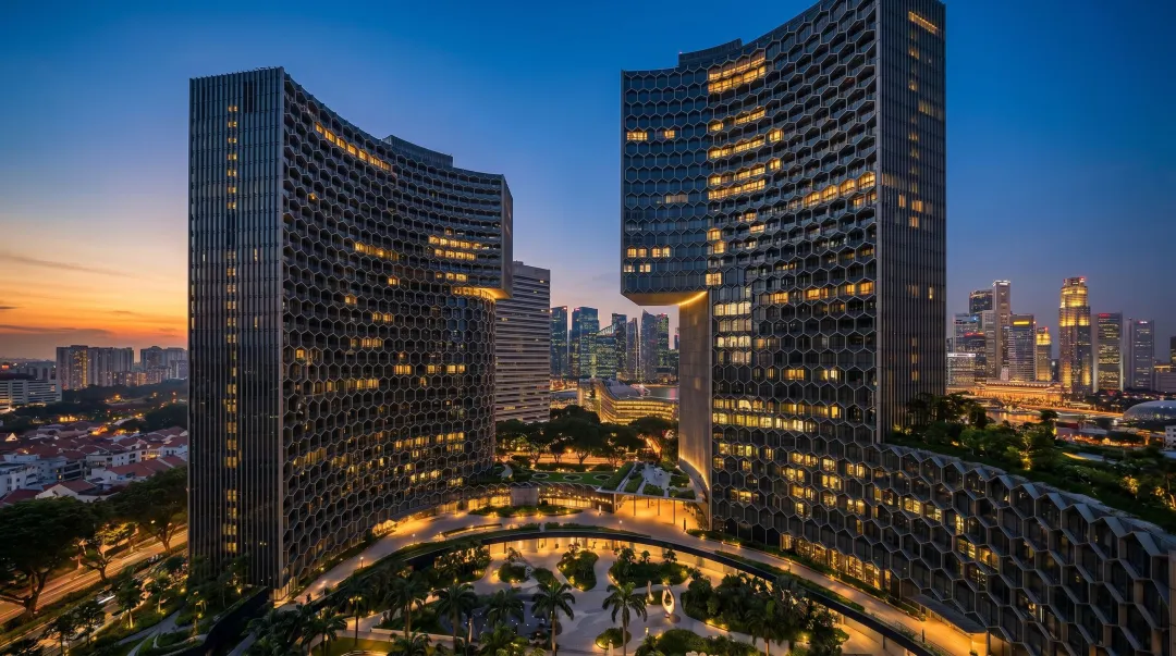 DUO Singapore twin towers honeycomb facade and civic public spaces at night
