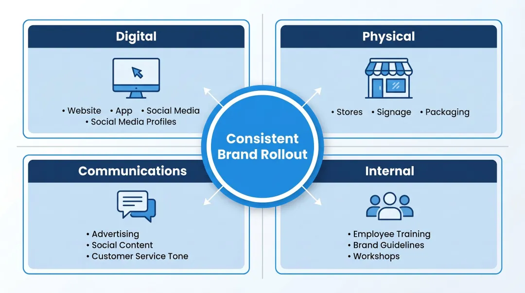 Brand consistency rollout framework across four touchpoints digital physical communications internal