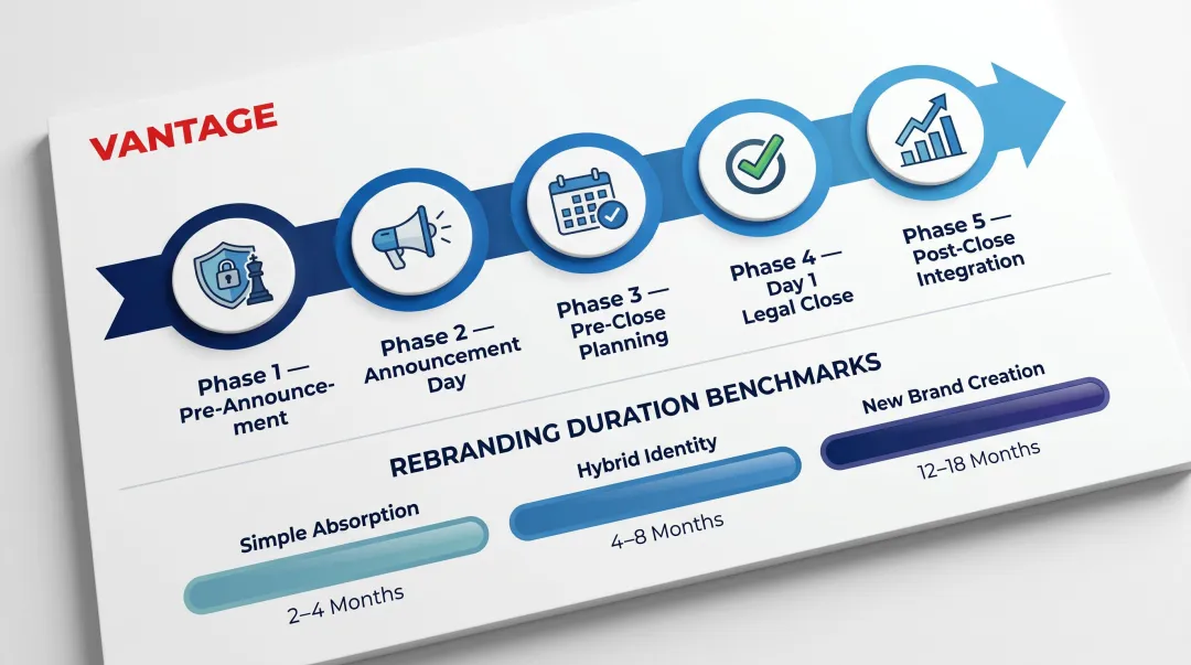 Post-merger brand communication five-phase roadmap timeline from pre-announcement to integration