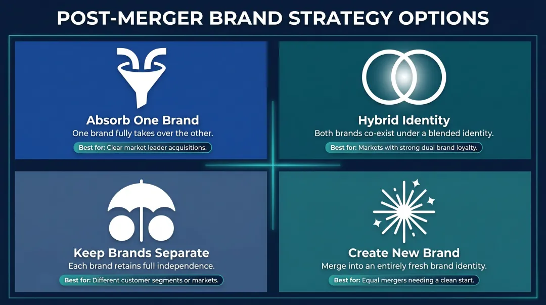 Four post-merger brand architecture strategies comparison infographic with examples