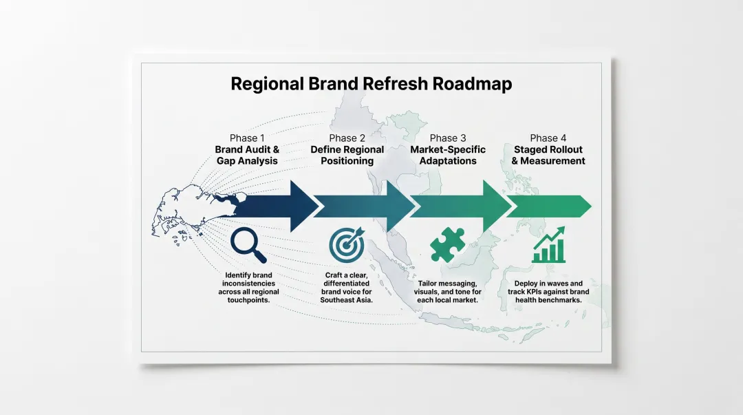 Four-phase regional brand refresh roadmap from audit to multi-market rollout