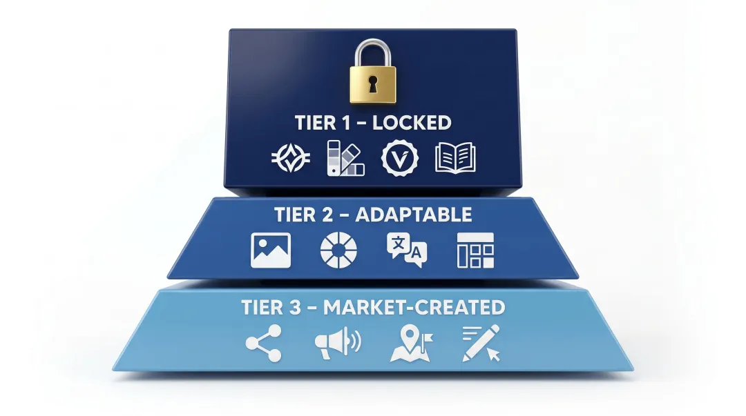 Three-tier regional brand asset framework showing locked adaptable and market-created elements