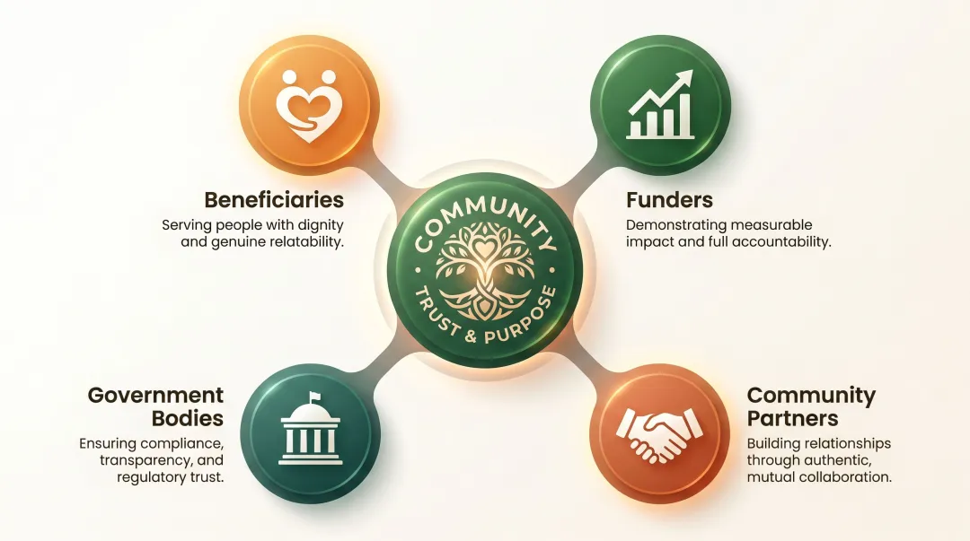 Social enterprise four-stakeholder communication model beneficiaries funders government partners