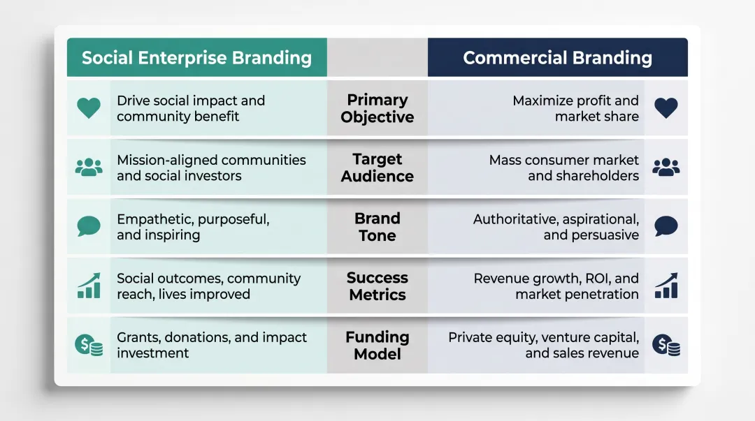 Social enterprise versus commercial branding five-dimension side-by-side comparison chart