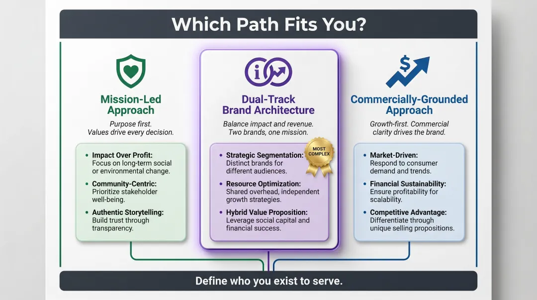 Three-path branding approach decision framework mission-led commercial and dual-track