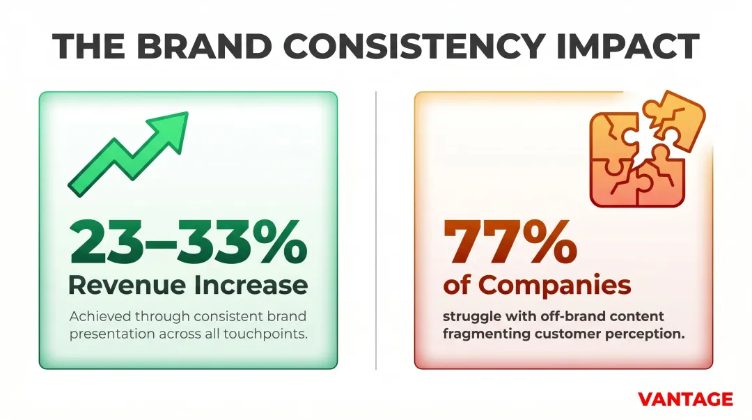 Brand consistency impact on revenue showing 23 percent growth statistics infographic