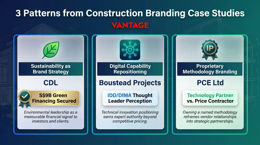 Three construction brand repositioning patterns CDL Boustead PCE comparison infographic