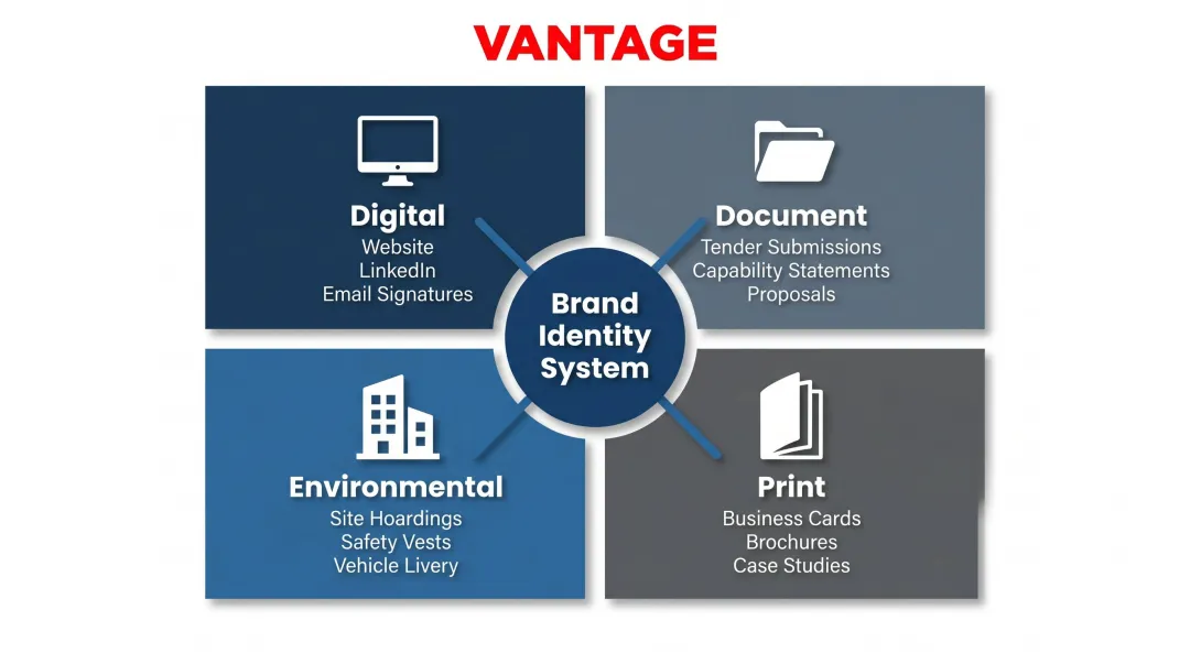 Construction brand identity touchpoints across digital document environmental and print channels