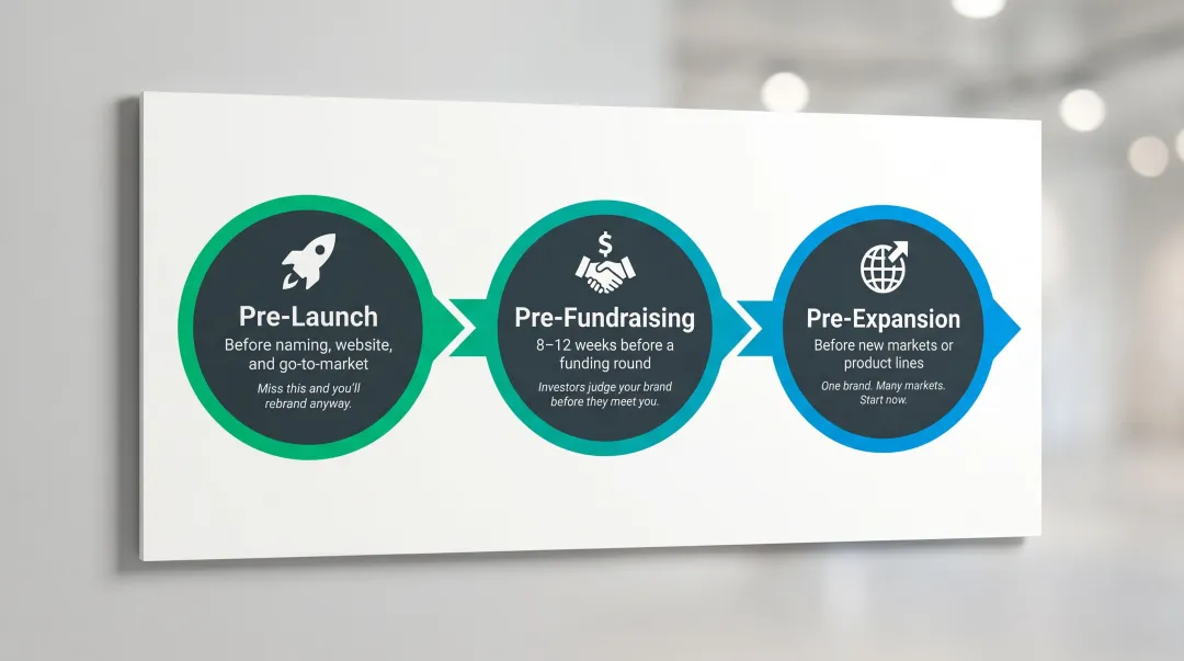 Three optimal startup branding engagement timing stages pre-launch fundraising expansion