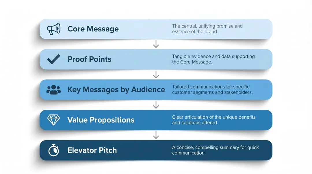 Startup brand messaging framework five components breakdown infographic