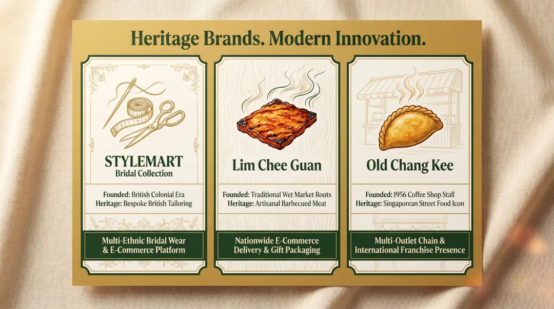 Three Singapore heritage brand innovation examples comparison infographic