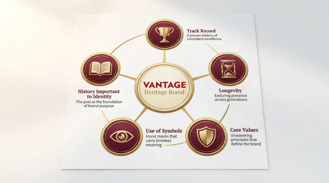 Five dimensions of heritage brand positioning infographic wheel diagram