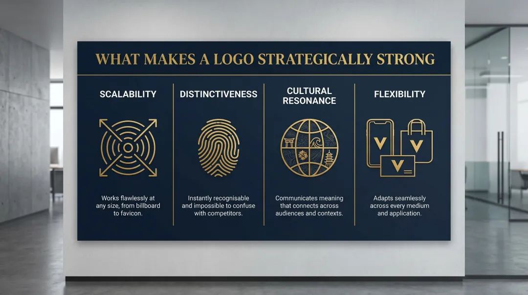 Four criteria of a strategically strong logo design scalability distinctiveness flexibility infographic