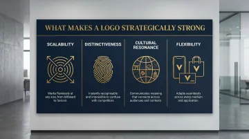 Four criteria of a strategically strong logo design scalability distinctiveness flexibility infographic
