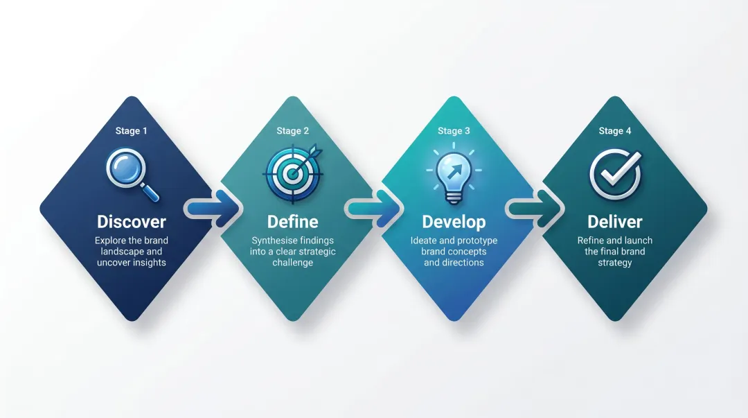 Design Council Double Diamond four-stage brand strategy process flow diagram
