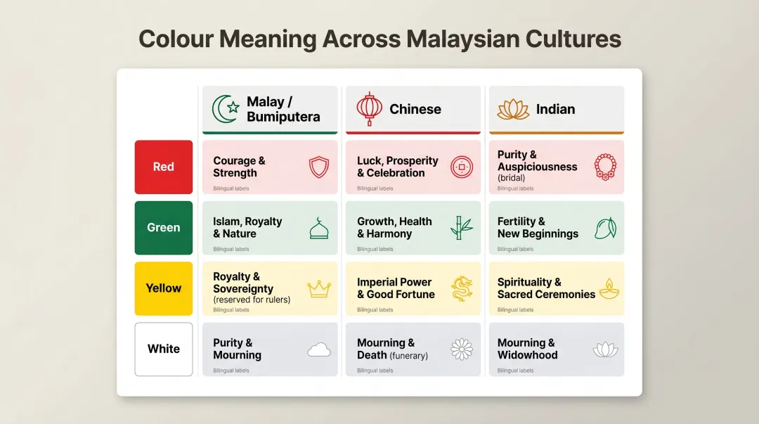 Malaysian multicultural colour symbolism comparison chart across Malay Chinese Indian communities