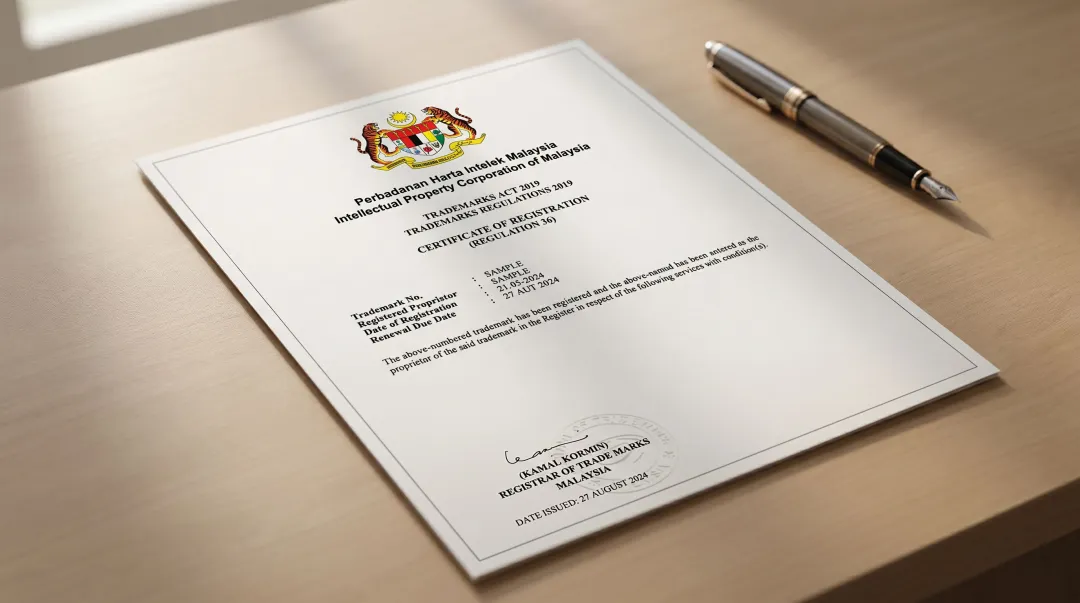 MyIPO Malaysia trademark registration certificate and intellectual property legal protection document